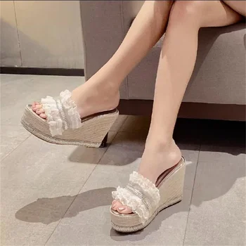 12CM grosime de fund crește sexy marginea dantelă de moda stras papuci de vara noi super tocuri wedge sandale femei