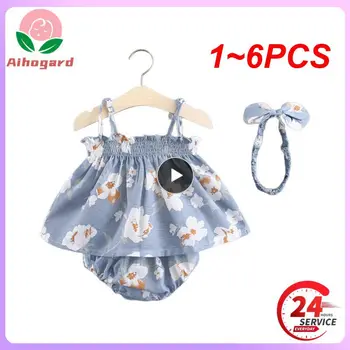 1~6PCS Copilul Tinutele de Vara, Floral Strappy Tank Topuri + Elastic Talie Pantie + Hairband pentru Copii , 0-18 Luni