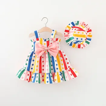 2 buc/SetForeign comerțului fata fusta de vara noi de îmbrăcăminte pentru copii de colorat cu dungi, cu buline, dantela rochie dulce cu pălărie