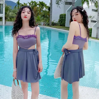 2021 Noi Femeile coreene Mare Cupa de-O bucată de costume de Baie Femei Costume de baie Retro Culoare Solidă Bikini Vintage Costum de Baie Sexy Swimskirt