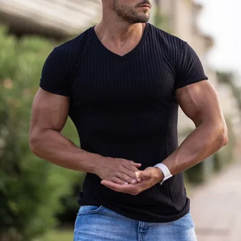 2023 Vara Noi Trendyol Bărbați Sport Respirabil Maneca Scurta Negru T Shirt Mens Culoare Solidă V Cu Guler Crossfit Tricou Haine