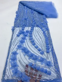 2024 Paiete Tul cu Margele Africane din Dantela Tesatura de 5 Metri Dubai franceză de Lux 3D Flori Net Dantela Cusut Pentru Nunta Rochie de Petrecere Rochie