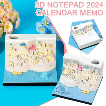 3D Memopad Calendar 2024 Calendar Santorini Mini 3D Notepad Bloc Cu LED Notă de Artă de Hârtie Calendar de Birou Cadouri