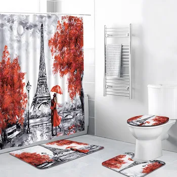 4buc/Set Turnul Eiffel Perdea de Duș 3D Vintage Paris Peisaj Romantic Iubitorii de Decor Baie covor de Baie Covor de Acoperire de Toaletă