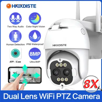 4K 8MP Wifi PTZ IP aparat de Fotografiat în aer liber, 8X Zoom 4MP Dual Lens Wireless Camera de Supraveghere Video ICSEE 2 Way Audio de Securitate CCTV Cam