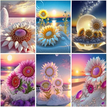 5D DIY Diamant Pictura Plajă Frumoasă de Floarea-soarelui Mozaic de Diamante Broderie Tabloul Complet Stras Rotund Decor Acasă Cadouri