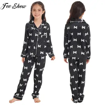 Adolescenti Fete Moale Matasoasa Pijama Set Print Casual Pijamale Haine cu Maneci Lungi Turndown Guler de Sus cu Pantaloni de Pijamale Body
