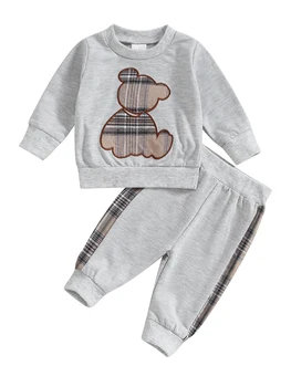 Adorabil Copil mic Tinutele de Iarna cu Maneca Lunga Urs Broderie Tricou Topuri și Pantaloni Casual Seturi - 2 BUC Set Perfect pentru