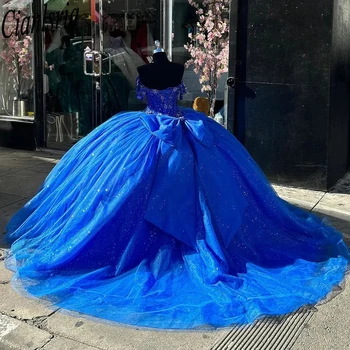 Albastru regal ștrasuri din Mărgele de Cristal Arc Rochie de Bal Quincenara Rochii De pe Umăr Corset Dulce 15 Vestidos De XV Años