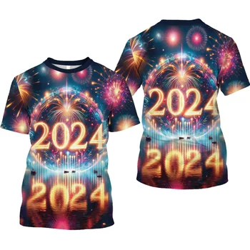 An Nou fericit Unisex Top Bărbați 2024 tricou Colorat foc de Artificii 3D Full Body Digitale Imprimate Gât Rotund Maneca Scurta Băiat Tee