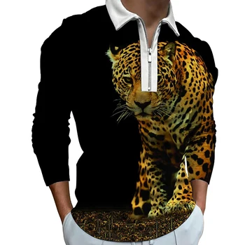 Animal Leopard Pictura 3D Print Polo cu Fermoar Maneca Lunga Camasa pentru Barbati Button Down Shirt
