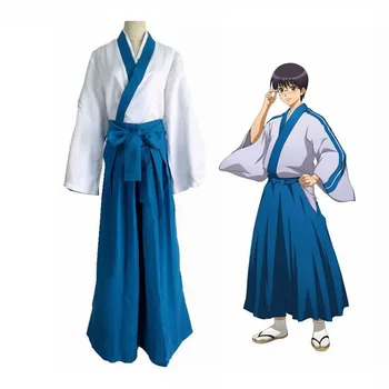 Anime Gintama Shimura Shinpachi Cosplay Costum Harajuku Top Alb Albastru Pantaloni Kimono Costum De Halloween Rochie Fancy