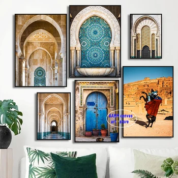 Arhitectura De Renume Mondial De Cămilă În Deșert Postere Nordic Maroc Ușa Ușa Albastră Imagini De Artă Cameră De Imprimare Panza Pictura Decor Acasă