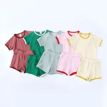 Baby Boutique Fata de Bumbac Scurte T-shirt Set Gât Rotund Culoare Pură Băieți Seturi Top Verde Copil Haine Și Pantaloni Roz Cu Multe Culori