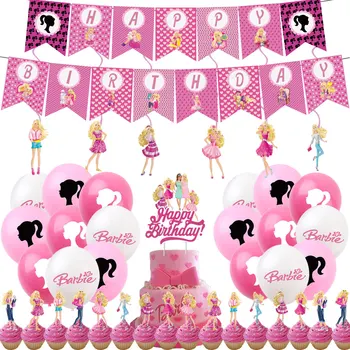 Barbie Petrecere De Aniversare Fericită Decor Drăguț Păpușă De Desene Animate Banner Tort Fân Balon Copil De Dus Accesorii Pentru Nunta Consumabile