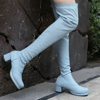 Blugi Denim Albastru Negru Stretch Overknees Iarna Femei Pantofi Platforma Indesata Tocuri Lungi Peste genunchi Coapsei Zip Înapoi Cizme