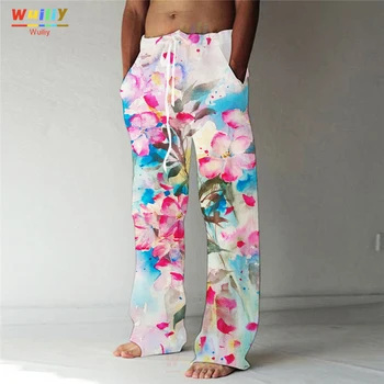 Bărbați Curcubeu Pantaloni Casual Floral Pantaloni Pantaloni Largi Cu Buzunare, Cordon Elastic Talie Pantaloni de Plajă Yoga Confort Moale