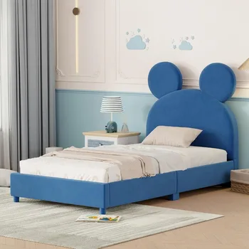 Cadru de pat, pat dublu captusit platforma de pat, bordura cu ursul forma de ureche și durabil cadru de lemn, catifea platforma cadru de pat