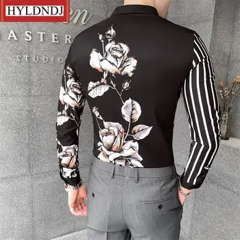Camasa Barbati coreeană de Moda Toamna Îmbinat Bărbați Florale Camasi se Potrivesc cu Dungi cu Maneca Lunga Tricouri pentru Bărbați Îmbrăcăminte Alb/negru, 3Xl