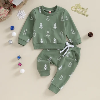 Casual Copilul baietel Haine Set Pom de Crăciun Print cu Maneci Lungi Crewneck Tricoul Topuri Pantaloni Crăciun Îmbrăcăminte 2 buc