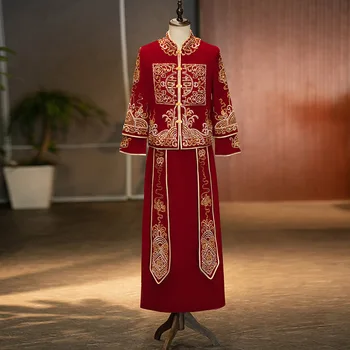 Chineză Velur Bărbați Căsătorie Set Dragon Broderie Tang Costum De Epocă Qipao Oriental Mirele Nunta Îmbrăcăminte Hanfu Costum