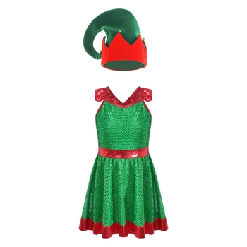Copii Fete de Crăciun Rochie de Dans de Anul Nou Crăciun Elf lui Mos Craciun Cosplay de Performanță Costum fără Mâneci Paiete, Tutu cu Pălărie