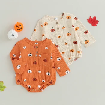 Copil Haine pentru Copii de Halloween Romper Maneca Lunga Butonul Rotund Gat Dovleac Imprimare Body Nou-născuți Imbracaminte pentru Copii