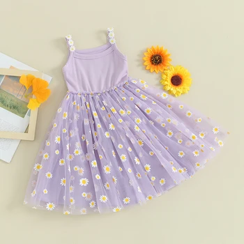 Copilul Copil Fete Dress Fără Mâneci Curea Daisy Print Mesh A-Line Rochie De Printesa Fete Petrecere Sundress