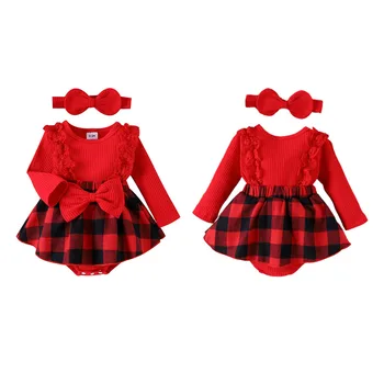Copilul De Crăciun Costume De Anul Nou Maneca Lunga Carouri Roșii Bodysuit Bowknot Dintr-O Bucata Costum Copii Copilul Acasă Casual Set De Tripleți