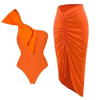 Costume De Baie O Piesă Femei Beachwear Bikini 2023 Costum De Baie Sexy Pentru Umăr Sifon Split Plaja Fusta Set Solid Spandex