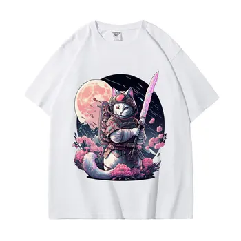 De Vânzare la cald Japonez Pisica Samurai Grafica Print T Shirt Barbati Femei Moda Stil Anime Tricou Casual de Vara din Bumbac T-shirt