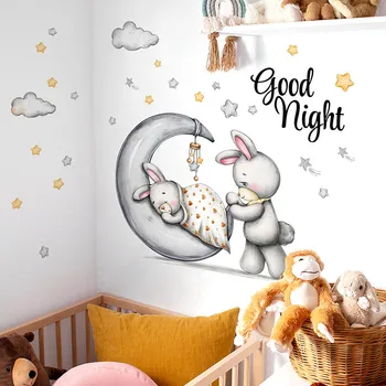Desene animate Iepuras de Dormit pe Luna și Stelele de Autocolante de Perete pentru Copii Baby Room Decor de Vis Dulce Noapte Bună Copil Pepinieră Decalcomanii
