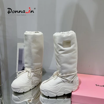 Donna-la Femei Cizme Genunchi Ridicat Med cu Toc Pantofi Cald Iarna Gros Unic Dantela-up Zăpadă Cizme Lungi Pentru Femei Indesata Boot