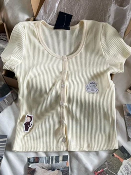 Dulce Solid pentru Pețiol Subțire Tricouri culoare Galbenă-Crem Fairycore Moale de Bumbac, cu Maneci Scurte T-shirt Femei Harajuku Epocă Butonul Crop Top
