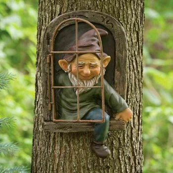 Elf Afară Pe Ușă /Fereastră Copac Hugger Obraznic Grădină Statuie De Arbore De Decor