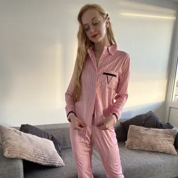 Femei cu Maneci Lungi Pijamale de Mătase Set de Două Piese de culoare Roz cu Dungi Cardigan Camasa Buton Homewear Satin Moale High-End VS Set Pijama