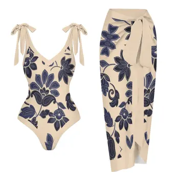 Femei V-Neck Beachwear 2024 Talie Nouă Floare de Imprimare de costume de Baie Arcul Sling Halter Bikini de Moda Noua Petrecere de Înot Costum de Surf