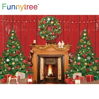 Funnytree Merry Christmas Party Fundal Roșu De Perete Din Lemn Coroană De Flori De Interior Șemineu Cadouri Banner Clopote Șosete Photozone Fundal
