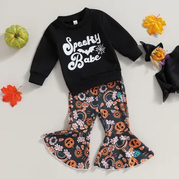 Halloween Copii Copil Fata Pantaloni Seturi de Primavara Toamna Haine Scrisoare Tricoul și Curcubeu Dovleac Flare Pant Articole pentru Copii Îmbrăcăminte
