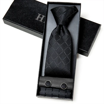 Hi-cravata de Afaceri Cadou pentru Barbati Cravata pentru Barbati Negru Carouri Clasic de Lux de Mătase pentru Bărbați Lega de Moda Batista Butoni Set de Înaltă Calitate