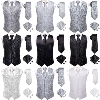 Hi-Cravată Gri Mătase Neagră Mens Vesta Cravata Set Reglabil Jacquard Vest Vesta Sacou Cu Cravata, Batista, Butoni De Afaceri De Nunta