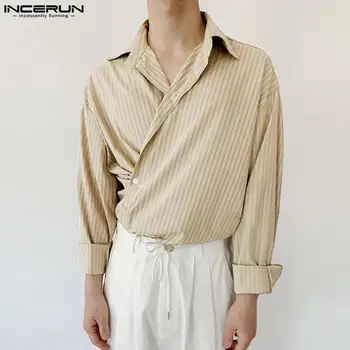 INCERUN Topuri 2023 Stil coreean Barbati Personalizate cu Dungi cu Mâneci Lungi Tricouri petrecere a timpului Liber Strada de sex Masculin de Vânzare Fierbinte Rever Bluza S-5XL