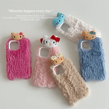Ins Drăguț de Iarnă Sanrio 3D Hello Kitty de Pluș Telefon Caz pentru IPhone 15 14 13 12 11 Pro Max Silicon Anti-toamna Capacul din Spate