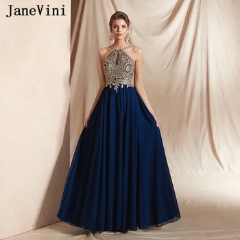 JaneVini Elegant Bleumarin Rochii de Bal Lungi 2019 Halat de Serată de Căpăstru de Aur Aplicatii de Margele Șifon Formale de Seară, Rochii de Petrecere