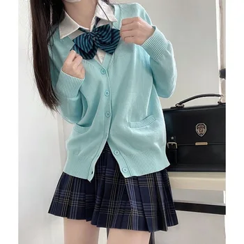 Japoneze la Colegiu Stil de Bumbac Pulover Tricotate Cardigan Albastru Aqua Femei cu Mâneci Lungi JK Uniformă Pulover Jacheta Top V Gât Casual