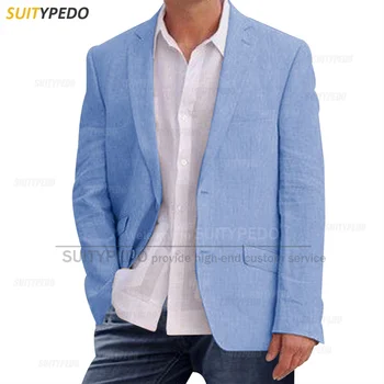 Lenjerie De Albastru Bărbați Sacouri Moda Slim Fit La 2 Nasturi Sacou Costum 2023 Vara De Afaceri De Nunta Smoching Casual Plaja Mens Haina 1 Bucata