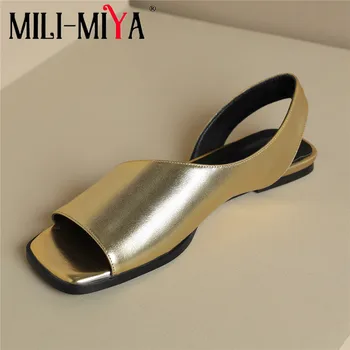 MILI-MIYA New Sosire Femei Piele de Oaie Sandale de Culoare Solidă Slip Pe Tocuri Plat Deget de la picior Pătrat Culori Metalice, Rochie de Petrecere de Vară