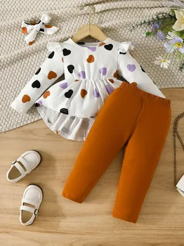 Moda copil drăguț inima plina imprimat cu maneci lungi de sus și pantaloni de culoare solidă + cap eșarfă haine pentru copii Primavara si toamna