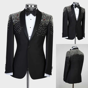 Negru Costume pentru Bărbați Croitor-a Făcut-O singură Bucată Blazer Buton Pur Rever cu Margele Diamante Jacheta de Afaceri de Nunta Mirele Adaptate