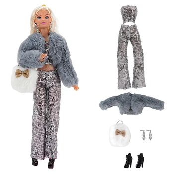 NK 1 Set papusa Printesa aristocratic rochie：pluș gri sacou+stralucitoare haine+accesorii Pentru Papusa Barbie DIY Moda Haine